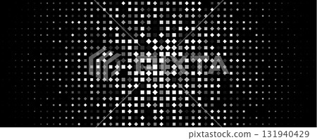 Abstract Geometric Background With Monochrome Diamond Halftone Dots Forming Gradient On Black, Minimal Futuristic Tech Pattern For Banners, Posters, And Web Headers. Vector Illustration 131940429