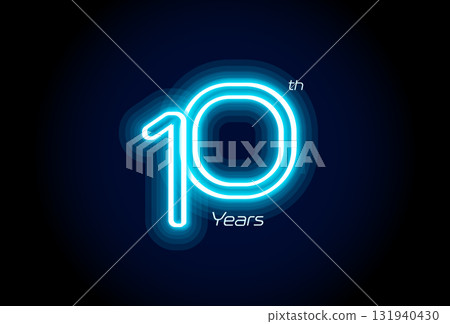 Blue neon number ten years, 10th anniversary logo on black background. Shiny luminous jubilee sign for celebration emblem of cyber event party, digital startup, gambling icon. Vector illustration. 131940430