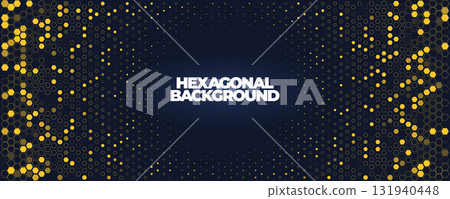 Hexagon Background Glowing Honeycomb Pattern In Yellow Blue Colors for AI, Tech Digital Forum and Conference Ad Presentation. Hexagonal Modern Texture. Halftone Gradient Backdrop. Vector Abstract BG 131940448