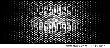 Hexagon halftone burst, center glow, tech vibe. Abstract honeycomb grid, digital topics tech, data, cybersecurity. Use background, banner, UI, presentation. Geometric monochrome. Vector illustration 131940449