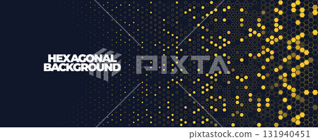 Hexagon Background Glowing Honeycomb Pattern In Yellow Blue Colors for AI, Tech Digital Forum and Conference Ad Presentation. Hexagonal Modern Texture. Halftone Gradient Backdrop. Vector Abstract BG 131940451