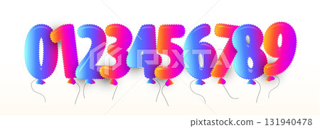Balloon numbers, glossy gradient foil digits 0,1,2,3,4,5,6,7,8,9 for celebration design. Playful set for birthday, anniversary, party invites, kids learning, countdowns, sales. Vector illustration. 131940478
