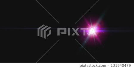 Pink neon lens flare star on black for trailer opener, product launch teaser, EDM DJ party flyer, nightclub poster, sale banner, streaming overlay, VFX asset for motion graphics. Vector illustration 131940479