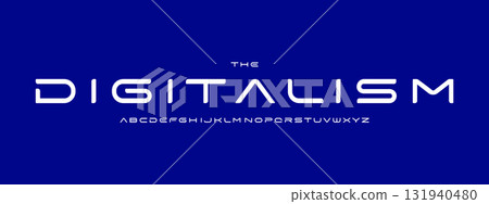 Futuristic sci-fi logo font, wide techno alphabet. Sleek digital typeface for space HUD, data science, cyber engineering, innovation branding, tech display, modern interface. Vector typography 131940480