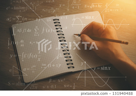 A notebook and pencil with mathematical formulas 131940488