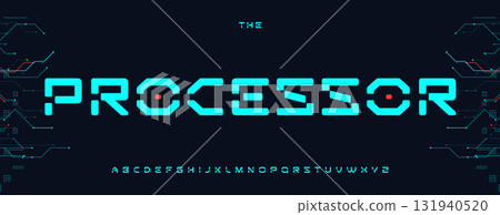 Cybernetic squared alphabet, futuristic stencil letters, robotic tech font with digital UI structure, hacker headline, AI interface typography, neural display typeface. Vector typeset. 131940520