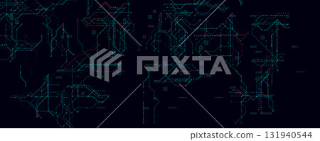 Digital Circuit Board With Glowing Dotted Lines. Futuristic dark background with blue and red data routes for cybersecurity, tech UI, machine learning visuals. Vector illustration 131940544