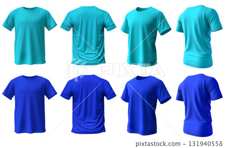 2 Set of dark and light blue aqua tee t shirt round neck front, back and side view on transparent background cutout, PNG file. Mockup template for artwork graphic 131940558