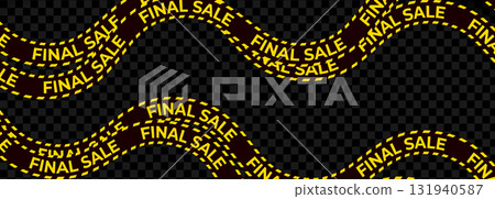 Wavy caution ribbon, bold yellow text, dark sale tape for retail promo zone, urgency banner strip, final offer label, dynamic checkout design. Vector illustration 131940587