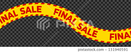 Warning sale ribbon, bold red text, yellow alert tape for final offer zone, promo stripe design, curvy urgency path, checkout visual marketing. Vector illustration Warning sale ribbon, bold red text, yellow alert tape for final offer zone, promo stripe design, curvy urgency path, checkout visual marketing. Vector illustration 131940591