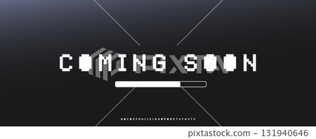 Blocky pixel font for futuristic tech banners, dark UI teasers, product countdowns, digital startup posters. Strong identity for launch visuals and sci-fi branding. Vector typeset 131940646