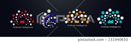 AI abstract logos with colorful neural dot networks. Modern tech, smart innovation, futuristic branding. Suitable for startup identity, AI software, digital systems. Flat vector illustration. 131940650