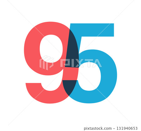 Overlapping red and blue 95 digits with transparent effect, evokes modernity, joy, energy. Anniversary number design for branding, event graphics, promotional materials. Vector illustration. 131940653