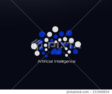 Artificial Intelligence Logo With Blue And White Neural Network Dots Forming Abstract Brain On Dark Background. Perfect For AI, Tech, Data, Machine Learning And Startup Branding. Vector Illustration. 131940654
