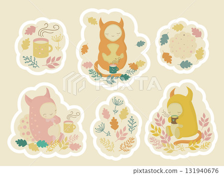 Stickers with cute kind monsters, cups of tea and cookies, cozy autumn picnic 131940676