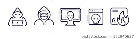 Hacker Malware Icon Set Featuring Cybercrime, Virus Attack, Spyware, Skull Symbol, Data Breach Threats In Line Style For Cyber Security Topics. Vector Illustration 131940687