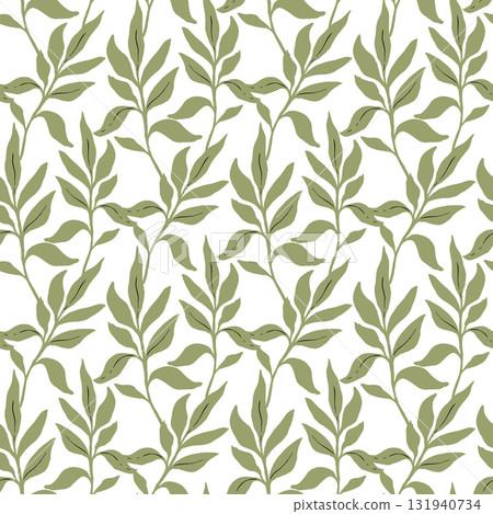 Green palm leaves seamless pattern, simple hand drawn vector greenery background for textile, or wallpaper, scrapbook and surface design. 131940734