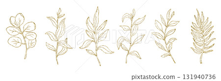 Palm and eucalyptus leaves line art, golden glitter simple hand drawn vector illustration set, isolate on white background Palm and eucalyptus leaves line art, golden glitter simple hand drawn vector illustration set, isolate on white background 131940736