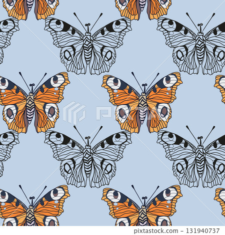 Monarch butterflies seamless pattern for textile or wallpaper. Vector hand drawn insect illustration background Monarch butterflies seamless pattern for textile or wallpaper. Vector hand drawn insect illustration background 131940737