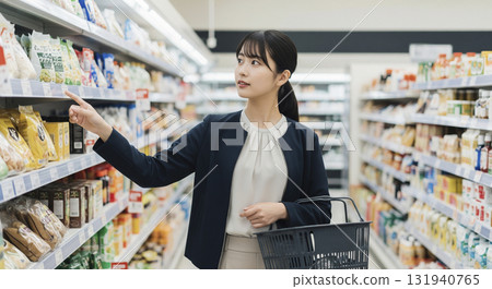 A woman shopping at a supermarket on her way home from work 131940765