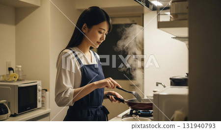 A woman wearing an apron and cooking dinner in the kitchen 131940793