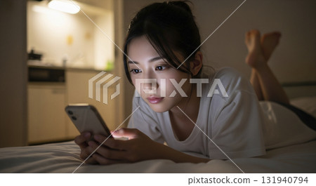 A woman lying on the bed in her loungewear and operating her smartphone A woman lying on the bed in her loungewear and operating her smartphone 131940794