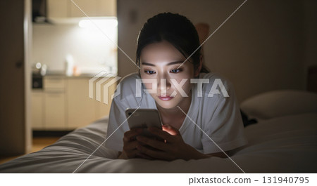 A woman lying on the bed in her loungewear and operating her smartphone 131940795