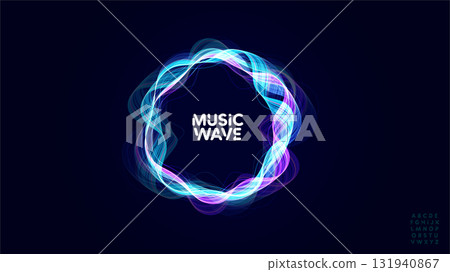 Music wave sound waveform audio bass beat circular wavy rings radial glow equalizer pulse round glowing soundwave with bold round font logo alphabet for radio dj, edm, podcast. Vector illustration 131940867