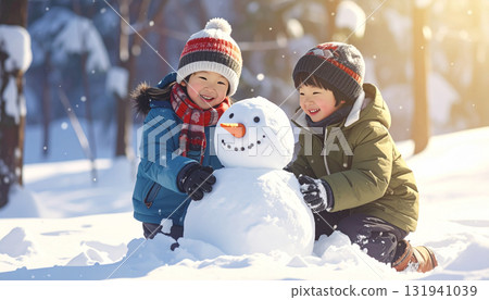 孩子們在雪地裡玩耍（AI 生成的圖像） 131941039