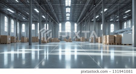 Empty Fulfillment Center A cavernous e-commerce fulfillment center stands completely empty, its polished floors stretching to distant walls. Ceiling-mounted conveyor 131941081