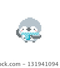 Pixel art of an owl with a light blue scarf and a raised hand 131941094