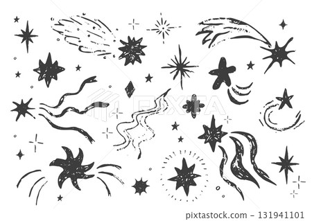 Star set spark crayon bling falling stars textured hand drawn sketch. Simple chalk festive shiny space elements, festive lights  131941101