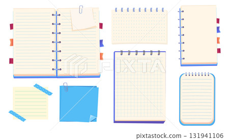 Bulletin paper Notes sheet, pages. lined list set, notebook office or school blank notebook for homework and exercises. Sticky stickers reminders, notebook clippings, stationery, planner,  131941106