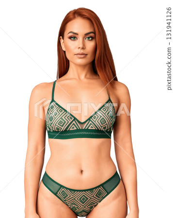 Native American woman with straight auburn hair, green eyes, athletic body type, wearing a mesh bra and thong with bold 131941126