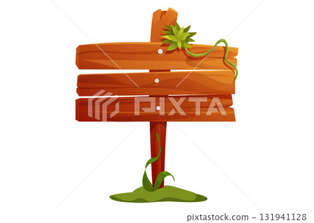 Wooden jungle forest signposts, empty board textured wood plank.Wood plank frame game signpost, farm garden or jungle pointing panel. Set menu ui design. Outdoor empty textured arrow 131941128