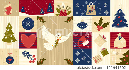 Christmas Background Pattern. Merry Holiday Element tile with Festive Xmas Icon Peaceful Dove with Holly, New Year ball, Tree. Template Horizontal geometric ornament. Vector illustration. Not AI 131941202