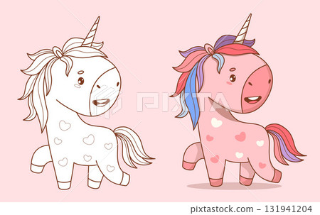 Cute Pink Romantic Unicorn with Hearts. Coloring Book. Isolated Color and Outline Line drawing Funny Little Horse Kawaii Animal. Vector illustration. Kids collection. Not AI Cute Pink Romantic Unicorn with Hearts. Coloring Book. Isolated Color and Outline Line drawing Funny Little Horse Kawaii Animal. Vector illustration. Kids collection. Not AI 131941204
