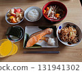 A classic Japanese breakfast menu: A morning set featuring grilled fish (salted autumn salmon) (includes pork miso soup, a small side dish, and dessert) 131941302