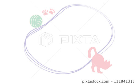 可愛的背景框架插圖，以一隻貓、爪印和一團在柔和的線條框架中伸展開來 131941315