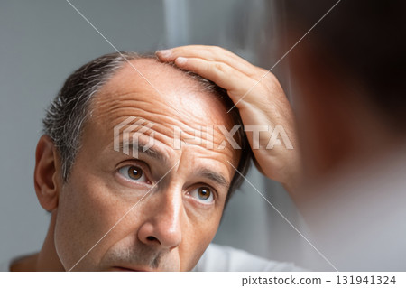 Worried man checking hair loss in mirror 131941324