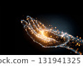 Abstract digital hand with glowing network connections on dark background 131941325