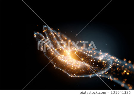 Abstract digital hand with glowing network connections on dark background 131941325