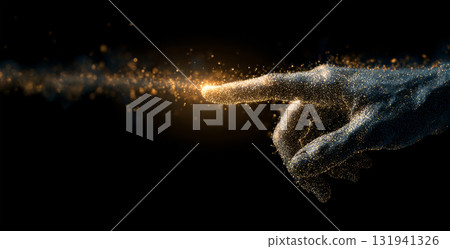 Abstract digital hand made of glowing particles on dark background 131941326