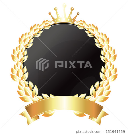 Golden unique coat of arms design with crown and ribbon Golden unique coat of arms design with crown and ribbon 131941339