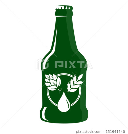 Green beer bottle with the symbol of hops, malt and water Green beer bottle with the symbol of hops, malt and water 131941340