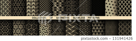 Geometric set of seamless black and golden patterns. Simple vector graphics Geometric set of seamless black and golden patterns. Simple vector graphics 131941426