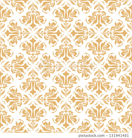 Flower geometric pattern. Seamless vector background. White and golden ornament. Ornament for fabric, wallpaper, packaging. Decorative print Flower geometric pattern. Seamless vector background. White and golden ornament. Ornament for fabric, wallpaper, packaging. Decorative print 131941481