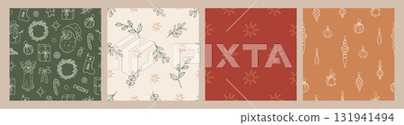 Set of vintage seamless patterns with Christmas elements, tree decorations and stars. Hand drawn vector illustration for wrapping paper, textile, fabric. 131941494