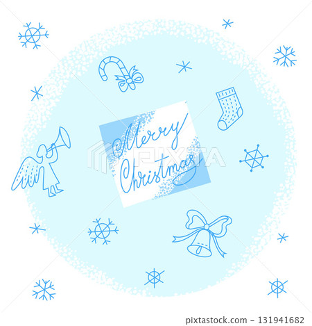 Merry Christmas greeting card with hand drawn elements in blue white color. Snowflakes candy cane angel bell and holiday stocking on pastel background. Festive winter composition. Vector illustration Merry Christmas greeting card with hand drawn elements in blue white color. Snowflakes candy cane angel bell and holiday stocking on pastel background. Festive winter composition. Vector illustration 131941682