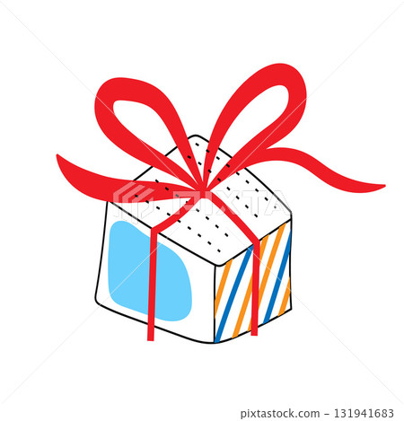 Colorful wrapped gift box with red ribbon and bow. Decorated with abstract blue shapes and diagonal orange and blue stripes. Holiday present concept. Flat vector illustration Colorful wrapped gift box with red ribbon and bow. Decorated with abstract blue shapes and diagonal orange and blue stripes. Holiday present concept. Flat vector illustration 131941683